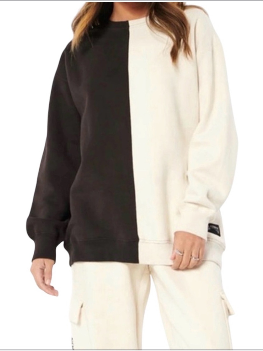 Social Tourist Two-Tone Half Black Half Cream Crewneck Sweatshirt